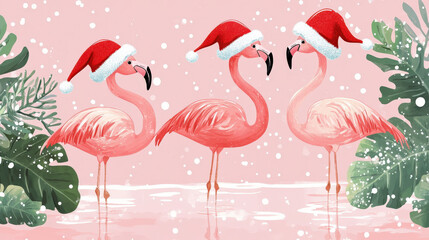 adorable flamingos wearing santa hats surrounded by leaves for christmas