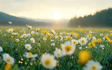 misty morning sun rises over lush floral meadow filled with daisies