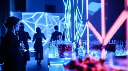 a modern event space with people socializing and neon lights