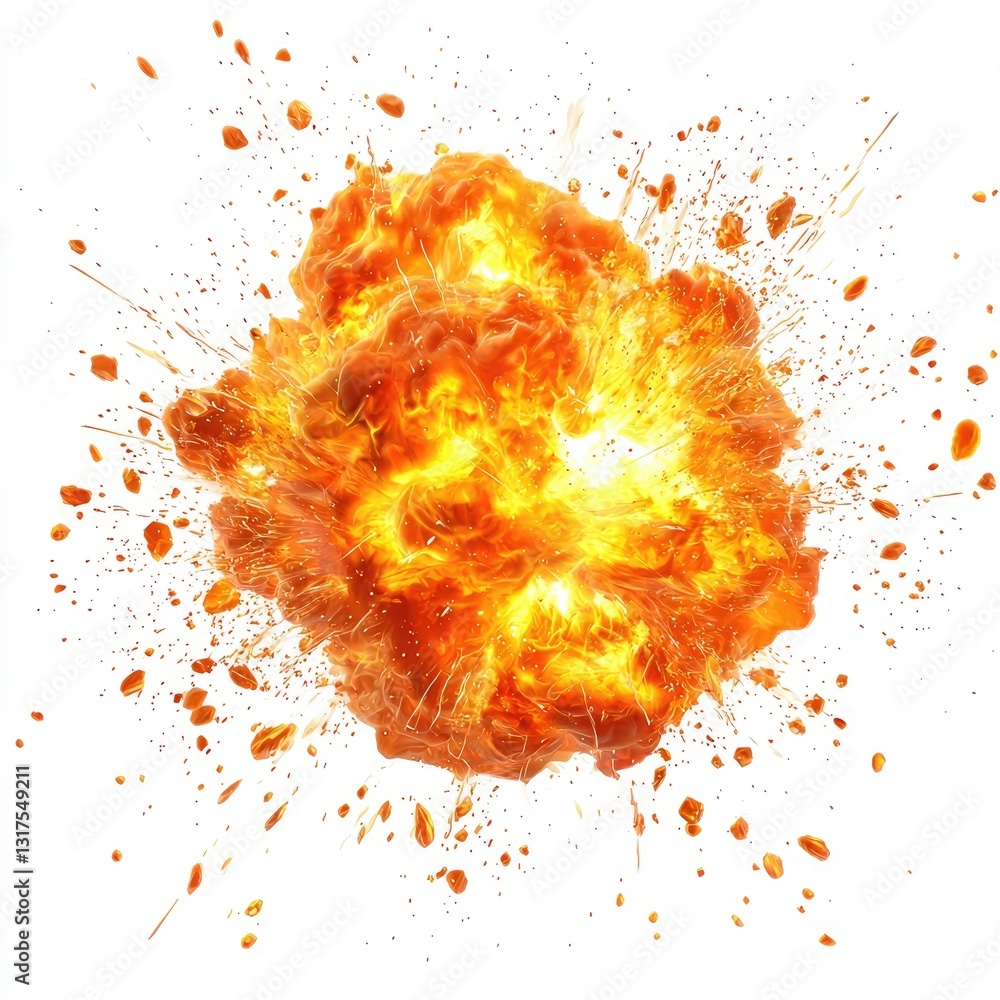 Poster a fireball exploding with glowing particles, isolated on a white background, for a fiery special eff