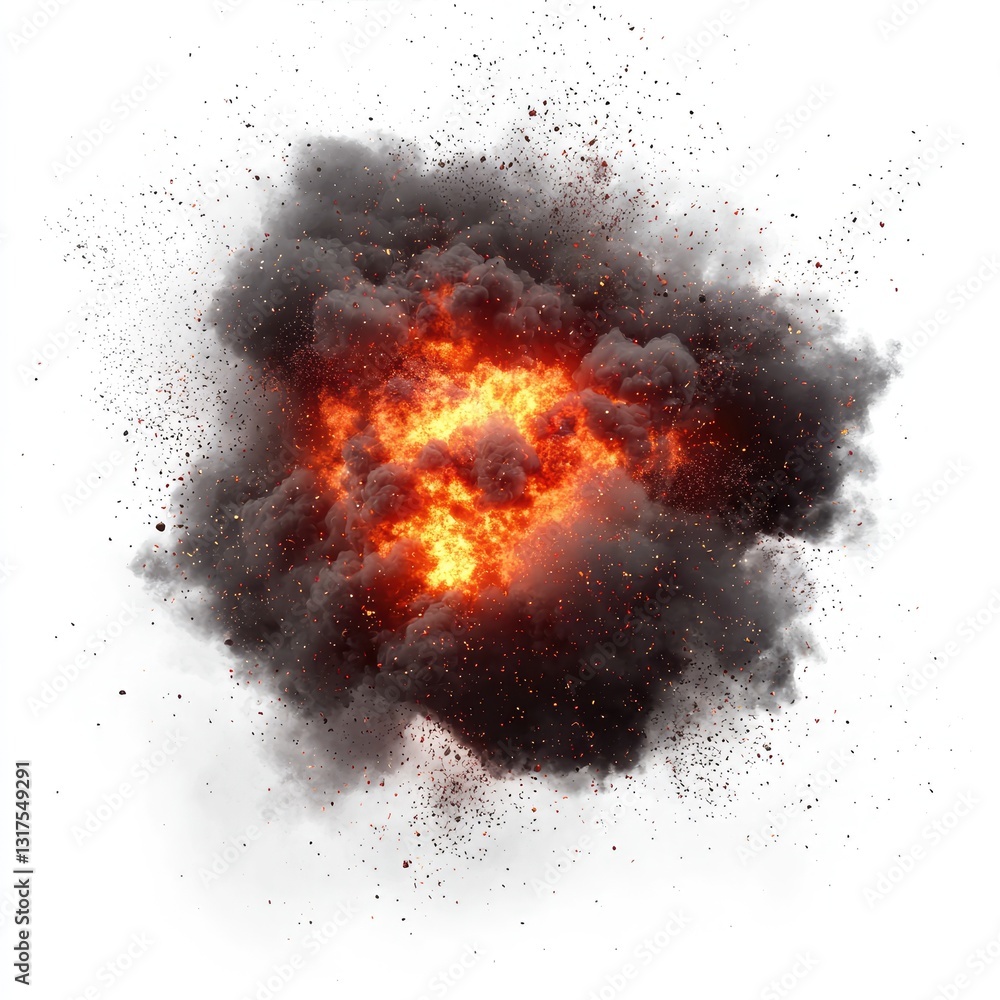 Poster a fireball exploding with glowing particles, isolated on a white background, for a fiery special eff