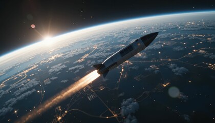 Fototapeta premium Rocket Launching Into Space Over Earth at Sunrise Horizon