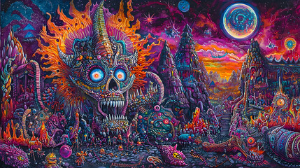 Surreal landscape painting; fiery skull creature dominates alien world; cosmic background; fantasy art for album cover or game design