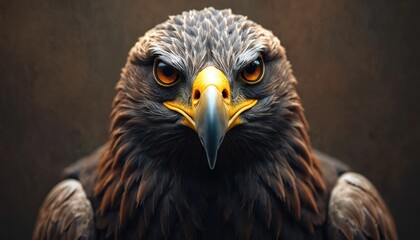 Close-up portrait of eagle. Majestic bird of prey looking at camera. Wild strong predator with feathers, intense eyes, sharp beak. Symbol of freedom, power and independence.