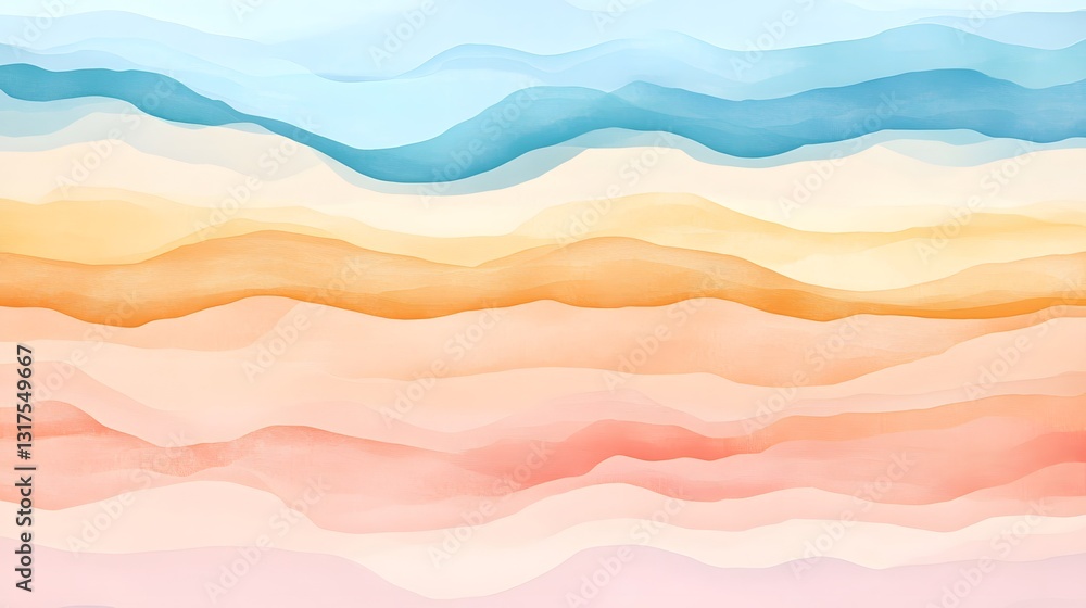 Poster abstract watercolor painting of colorful layers in soft gradient tones, resembling rolling hills or 