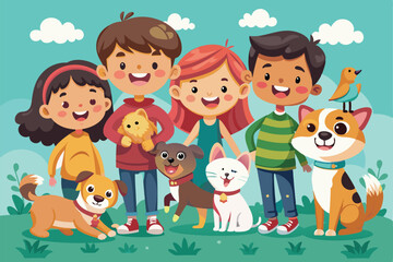 A group of cheerful children poses with their pets, enjoying a sunny day in the park surrounded by grass, Set of happy children with their pets,