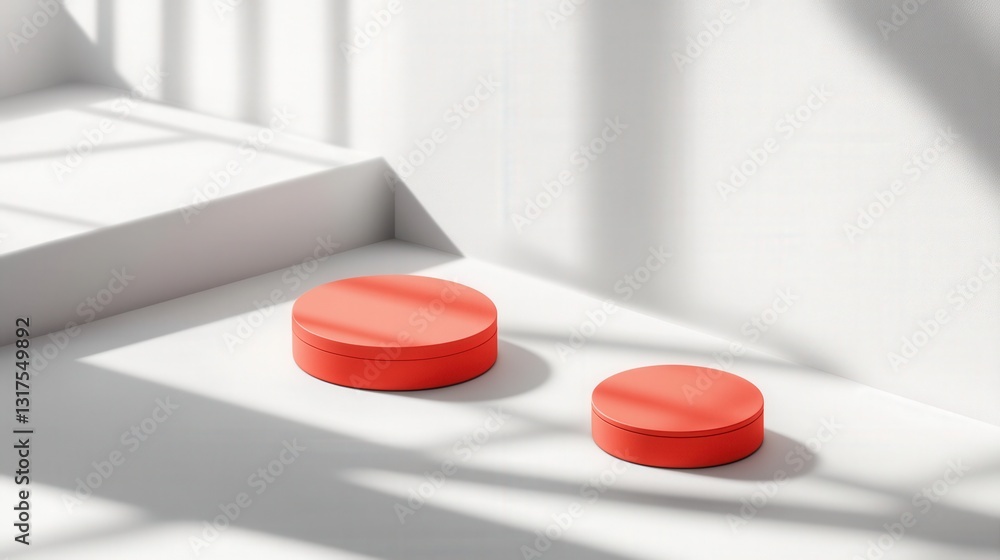 Poster two vibrant red circular objects positioned on a minimalist white surface with shadows cast