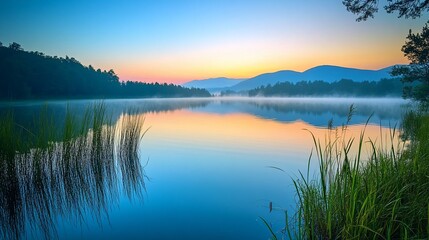 Fototapeta premium Serene Sunrise over Misty Mountain Lake: A Breathtaking Reflection of Nature's Tranquility