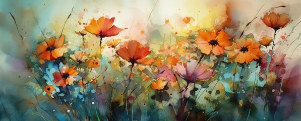 Vibrant Watercolor Floral Painting of Orange and Pink Flowers