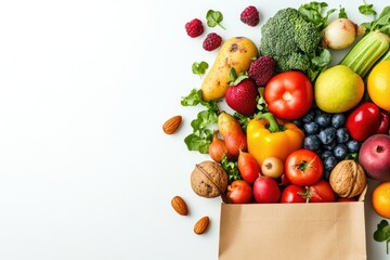 A paper bag full of fruits, vegetables and nuts on a white background with space for a text banner. The top view, flat lay shows healthy eating or shopping in a grocery store