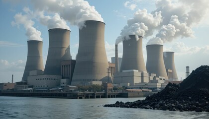Industrial Power Plant with Cooling Towers and Smoke Emission