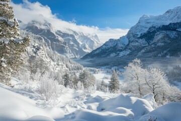 Fototapeta premium A snowy mountain range with shimmering ice caves and frosted peaks. A painting depicting a snowy mountain landscape featuring a cave nestled in the center.