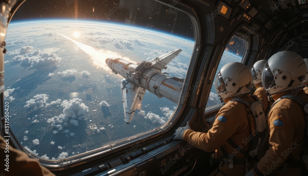 Poster astronauts observing rocket launch from spacecraft window in orbit