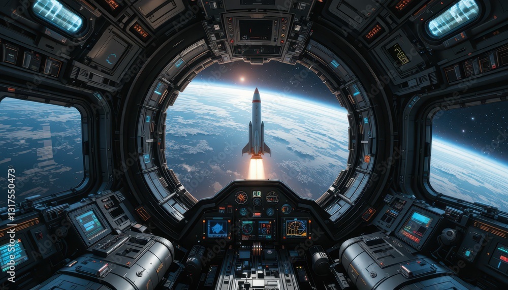 Poster rocket launch viewed from spaceship cockpit with earth background