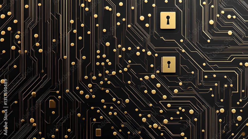 Poster a circuit board with a dark color with golden padlocks, symbolizing digital security. the board is a