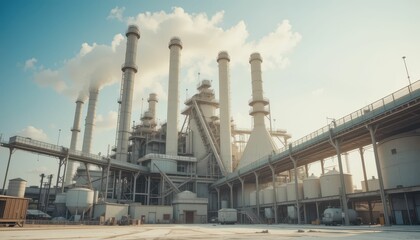 Obraz premium Industrial Power Plant with Smokestacks and Machinery at Sunset