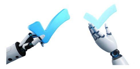 Futuristic robot hand triumphantly holding a luminous check mark with metallic finesse and blue accents on a transparent backdrop