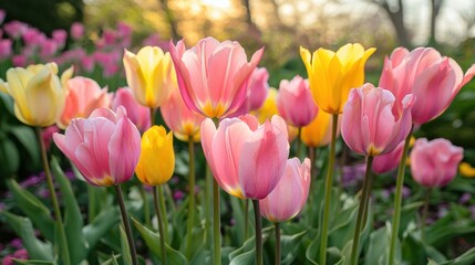 Pink and yellow tulips blooming in a lush green garden on a sunny day