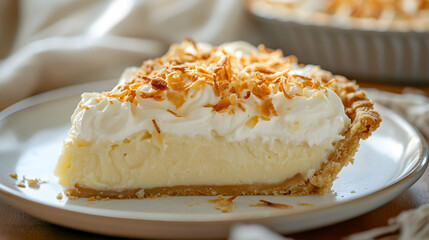 Coconut cream pie slice with toasted topping details