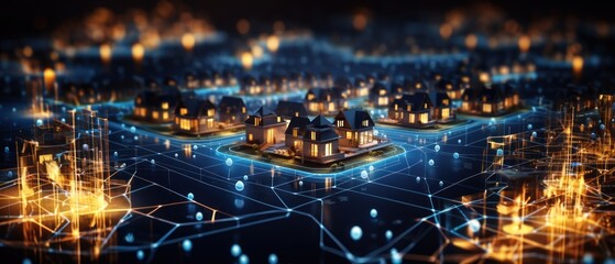 Digital Community Concept with Smart Houses, Smart City and Wireless Communication Network, Real Estate and Urban Innovation Concept with City Lights. 3D Illustration of Future City.	
