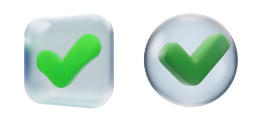 Set of 3D render of a green check mark icon inside a speech bubble isolated on transparent background cutout