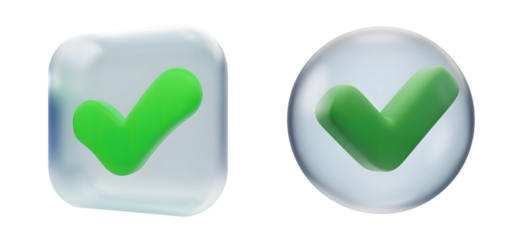Set of 3D render of a green check mark icon inside a speech bubble isolated on transparent background cutout