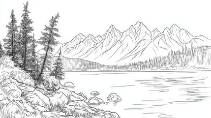 Fototapeta premium Alaskan Lake and Mountain Line Art Coloring Page - Serene lake, majestic mountains, peaceful forest, rocky shore