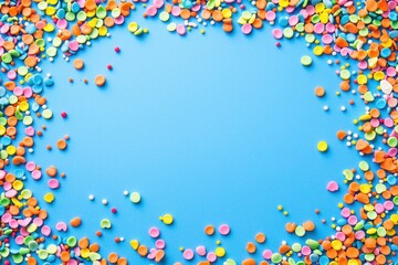Colorful sprinkles frame a light blue background, creating a playful, vibrant border