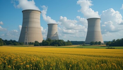 Cooling Towers Surrounded by Golden Fields Under a Blue Sky