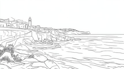 Fototapeta premium Algarve Coast Portugal Line Art Coloring Page - Coastal town, ocean waves, rocky shore, architecture, and sunshine. A beautiful coloring page depicting a serene coastal scene