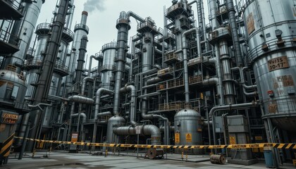 Fototapeta premium Industrial Complex with Pipes and Tanks Surrounded by Caution Tape