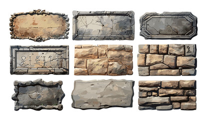 Old stone sign plates vector set, vintage sign designs, antique stone signs, textured stone plaques, rustic wall signs, weathered signboards, retro signage, ancient stone plates