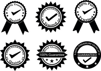 Black and white branding with top-quality guarantee badges. 100% guarantee and premium quality labels. High-impact quality assurance badges. Reliable trust badges for brand excellence.