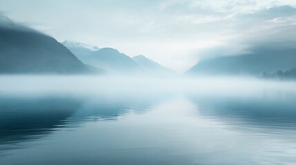 Fototapeta premium Misty Mountain Lake Serenity: A Breathtaking View of Nature's Tranquility at Dawn