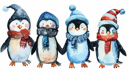 Fototapeta premium Watercolor Illustration of Four Penguins in Winter Attire