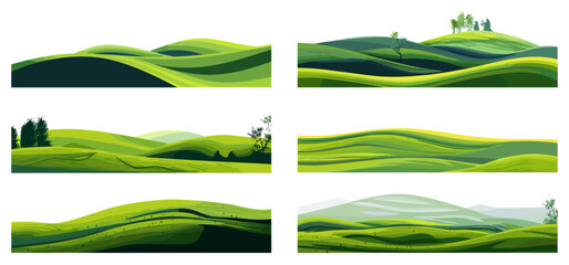 Vector green hills landscapes, picturesque scenery, rolling hills, nature view, tranquil hills, countryside, peaceful landscape, vibrant greenery, nature panorama, serene hills view © aura studio