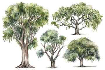 Watercolor Illustration of Four Trees in Various Sizes and Shapes