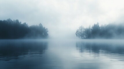 Fototapeta premium Misty Morning Lake Enveloped in Fog: Serene Water Reflections of Trees