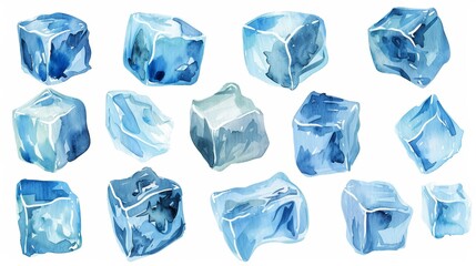 Obraz premium Watercolor Illustration of Ice Cubes in Various Shapes and Sizes