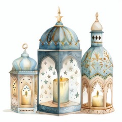 Obraz premium Watercolor Illustration of Three Lanterns with Islamic-Inspired Designs