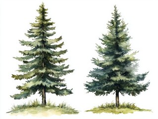 Fototapeta premium Watercolor Illustration of Two Pine Trees in a Serene Landscape