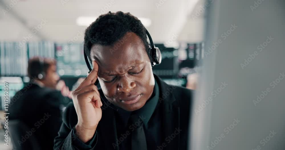 Aufkleber computer, stock market trading and stress with black man in office for burnout or headache as consul
