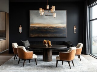 An elegant dining room features a dark wall and furnishings