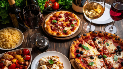 Dining tables in restaurant vector set lunch dinner date in cafe with glasses of wine Italian pizza Chineese food Oriental cuisine illustration isolated on background