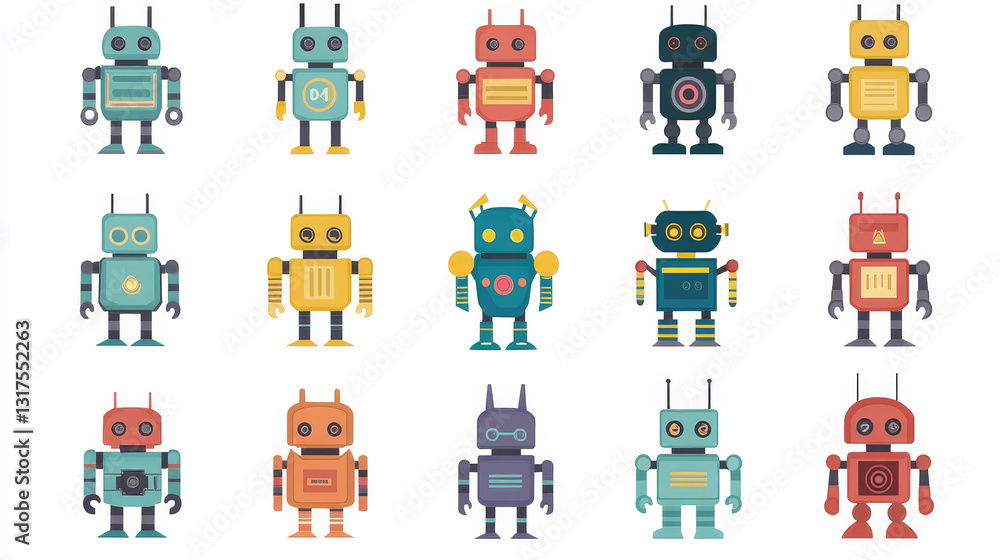 Poster robot icons vector set logo robotic machine technology robocop cartoon character ai artificial intel