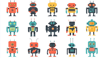 Robot icons vector set logo robotic machine technology robocop cartoon character AI artificial Intelligence robotechnic illustration isolated on white background.