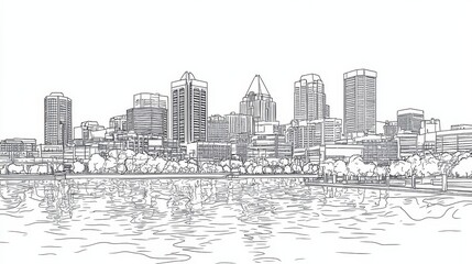 Fototapeta premium Baltimore Skyline Coloring Page - A detailed line art coloring page depicting the Baltimore skyline, featuring buildings, trees, and water. Symbolizes urban landscape, architectural design, city life