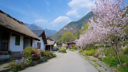 Spring Village Cherry Blossoms Travel Scene