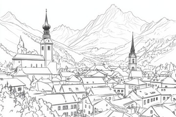 Naklejka premium Berchtesgaden Alpine Village Line Art Coloring Page - A charming line art coloring page depicting a picturesque village nestled in the Bavarian Alps. Concept symbols include: mountains, church