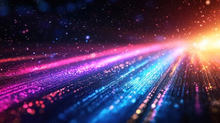 Abstract cosmic background depicts colorful light streaks and tiny stars